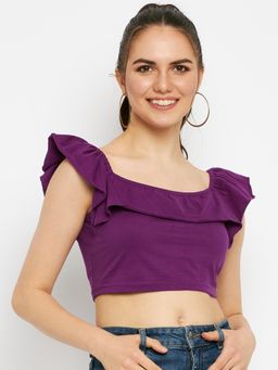 BRINNS - Square Neck Ruffles Pure Cotton Crop Top Purple