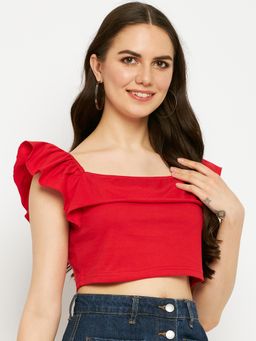 BRINNS - Square Neck Ruffles Pure Cotton Crop Top Red