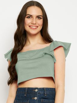 BRINNS - Square Neck Ruffles Pure Cotton Crop Top Green