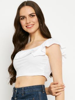 BRINNS - Square Neck Ruffles Pure Cotton Crop Top White
