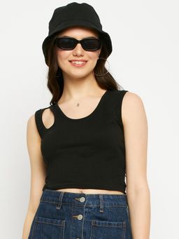 BRINNS - Round Neck Sleeveless Cut Out Fitted Crop Top Black