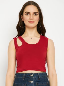 BRINNS - Round Neck Sleeveless Cut Out Fitted Crop Top Maroon