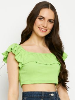 BRINNS - Square Neck Flutter Sleeves Crop Top Green