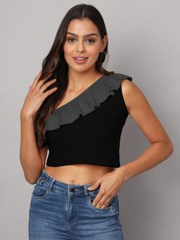 BRINNS - One Shoulder Ruffled Pure Cotton Crop Top Grey