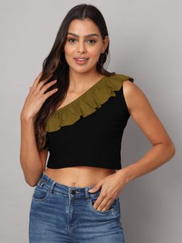 BRINNS - One Shoulder Ruffled Pure Cotton Crop Top Green