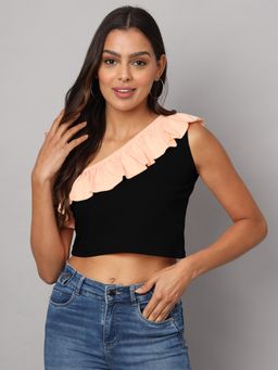 BRINNS - One Shoulder Ruffled Pure Cotton Crop Top Peach