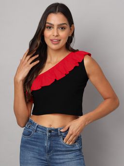 BRINNS - One Shoulder Ruffled Pure Cotton Crop Top Red