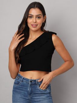 BRINNS - One Shoulder Ruffled Pure Cotton Crop Top Black