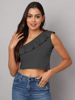 BRINNS - One Shoulder Ruffled Pure Cotton Crop Top Charcoal