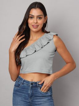 BRINNS - One Shoulder Ruffled Pure Cotton Crop Top Grey