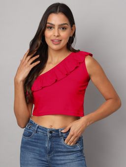 BRINNS - One Shoulder Ruffled Pure Cotton Crop Top Magenta