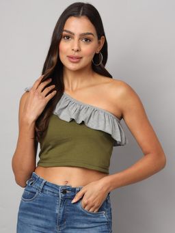 BRINNS - One Shoulder Ruffled Pure Cotton Crop Top Grey