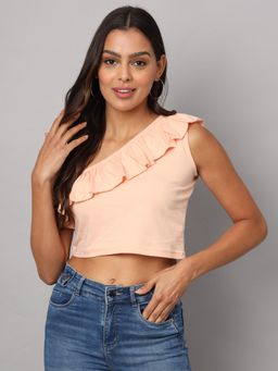 BRINNS - One Shoulder Ruffled Pure Cotton Crop Top Peach