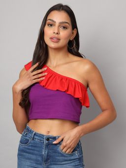 BRINNS - One Shoulder Ruffled Pure Cotton Crop Top Red