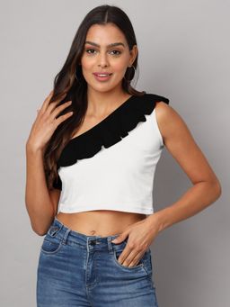 BRINNS - One Shoulder Ruffled Pure Cotton Crop Top Black