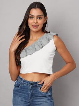 BRINNS - One Shoulder Ruffled Pure Cotton Crop Top Grey
