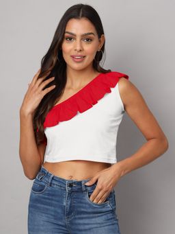 BRINNS - One Shoulder Ruffled Pure Cotton Crop Top Red