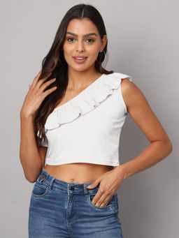 BRINNS - One Shoulder Ruffled Pure Cotton Crop Top White
