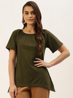 BRINNS - Solid Pure Cotton Curved Hem Top Olive