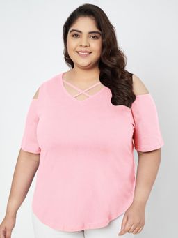 BRINNS - Plus Size Cut Out Detail Cotton Top Pink