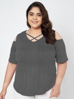 BRINNS - Plus Size Cut Out Detail Cotton Top Charcoal