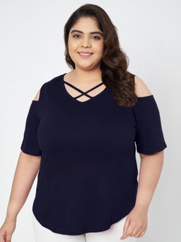 BRINNS - Plus Size Cut Out Detail Cotton Top Navy Blue