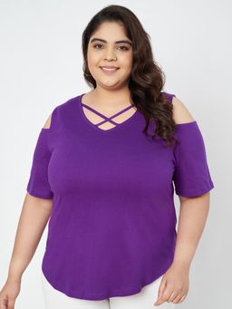 BRINNS - Plus Size Cut Out Detail Cotton Top Purple