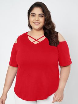 BRINNS - Plus Size Cut Out Detail Cotton Top Red