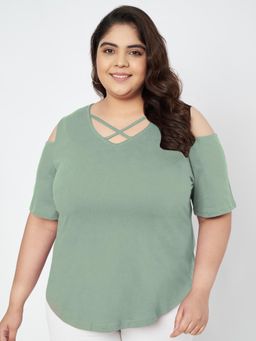 BRINNS - Plus Size Cut Out Detail Cotton Top Green