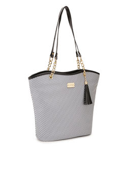 KLEIO - Black Striped Zip Closure Tote Shoulder Bags for Women