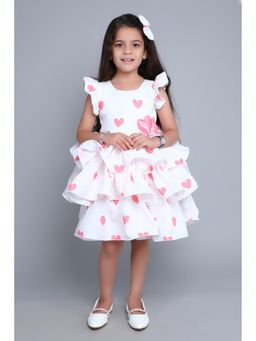 Pink Chick - Girls Peach and White Cotton Printed Layered Dress with Matching Clip