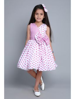 Pink Chick - Girls Pink Cotton Polka Dots Dress with Matching Bow Clip