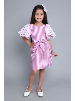 Pink Chick - Girls Pink Cotton Stripes Dress with Belt and Matching Bow Clip