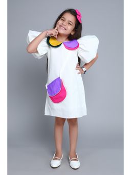 Pink Chick - Girls White Cotton Colorblock Dress with Matching Sling Bag and Bow Clip