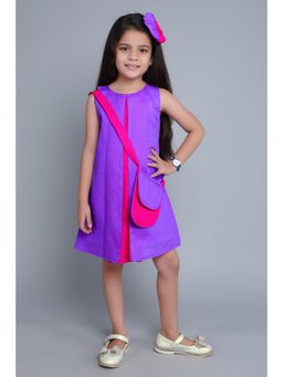 Pink Chick - Girls Purple Cotton Colorblock Dress with Matching Sling Bag and Bow Clip