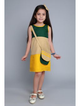 Pink Chick - Girls Multi-Color Cotton Colorblock Dress with Matching Sling Bag and Bow Clip