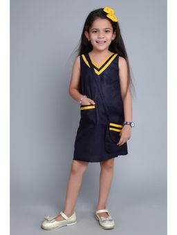 Pink Chick - Girls Navy Blue Cotton Dress with Matching Sling Bag and Bow Clip