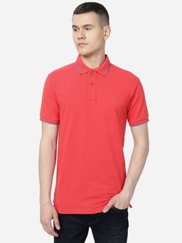 Greenfibre - Men Red Cotton Blend Slim Fit Solid Polo T Shirt