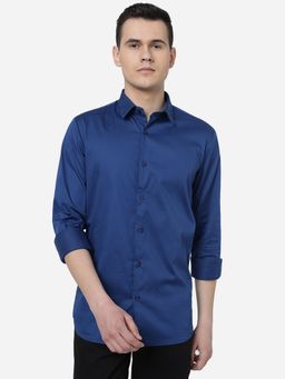 JadeBlue - Men Solid Navy Blue Cotton Slim Fit Semi Casual Shirt
