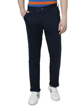 Greenfibre - Men's Solid Navy Blue Cotton Slim Fit Casual Trouser