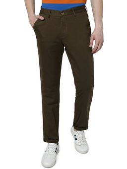 Greenfibre - Men's Solid Brown Cotton Slim Fit Casual Trouser