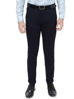 JB Studio - Men's Navy Blue Solid Slim Fit Formal Trouser