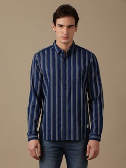 Wrangler - Men Striped Navy Blue Shirt Regular