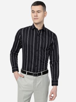 Metal - Men Black Cotton Slim Fit Stripes Formal Shirt