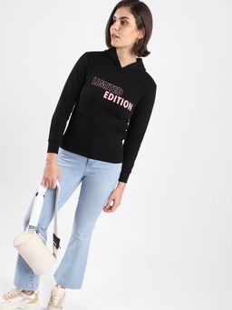 Campus Sutra - Women Black Printed Regular Fit Sweatshirt with Hooded Neck for Winterwear