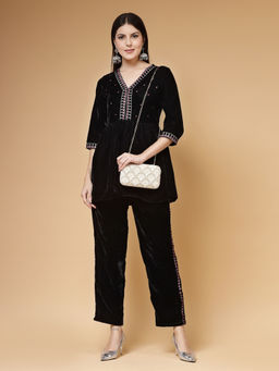 Anekaant - Adorn Off White Pearl Embellished Corduroy Clutch with Detachable Strap