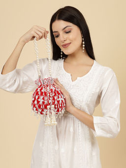 Anekaant - Droop Red & White Pearl Embellished Velvet Potli