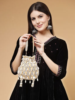 Anekaant - Droop Beige, White & Gold Pearl Embellished Velvet Potli