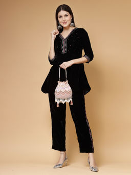 Anekaant - Droop Peach & Multi Chevron Embellished Velvet Potli