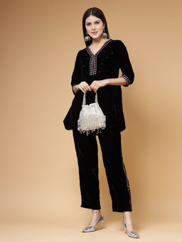 Anekaant - Droop Silver & White Striped Embellished Faux Silk Potli